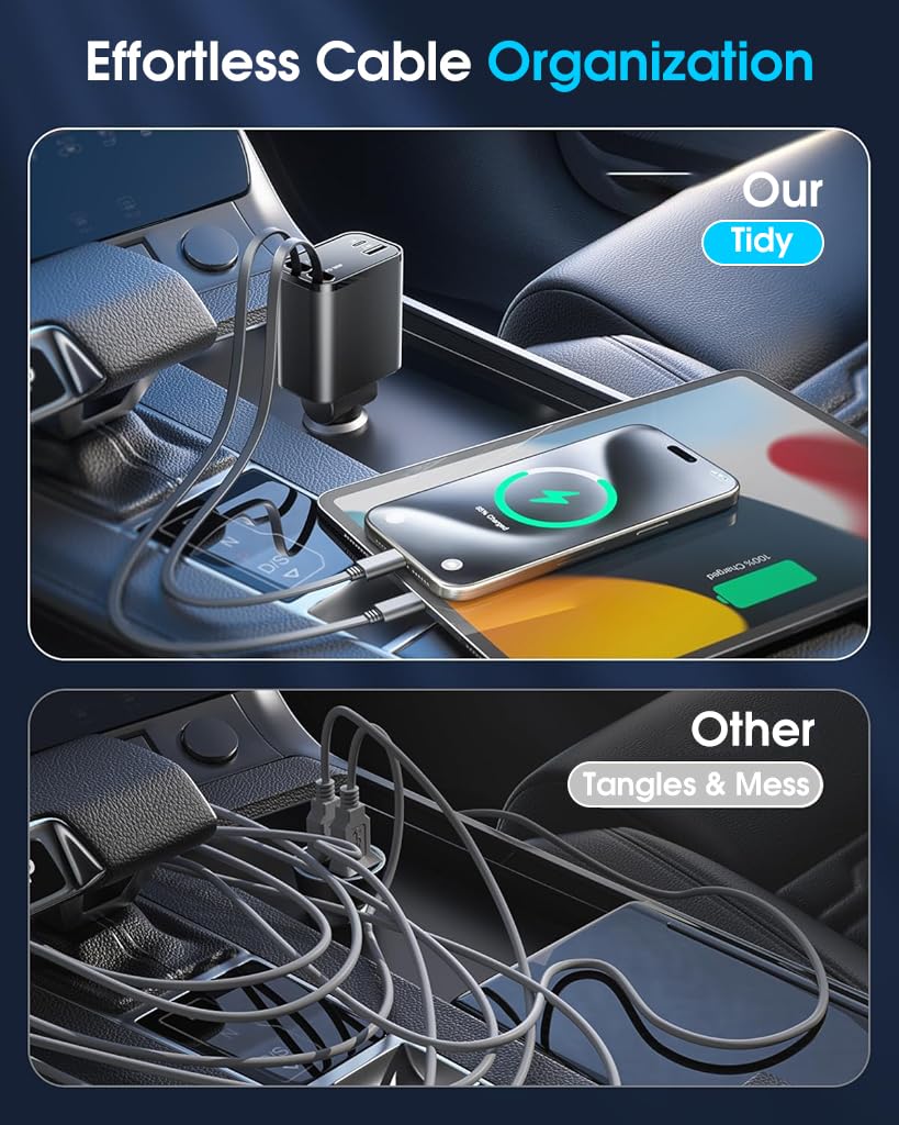 STHIRA Car Charger 4 in 1 PD 30W Car Fast Charger with Dual Retractable Charging Cable Design 180 Degree Rotation Car Mobile Charger Universal Car Charger with Cable for Phone, Tablet, GPS STHIRA Car Charger 4 in 1 PD 30W Car Fast Charger with Dual Retractable Charging Cable Design 180 Degree Rotation Car Mobile Charger Universal Car Charger with Cable for Phone, Tablet, GPS